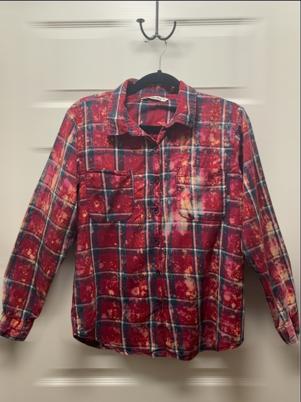 Vanilla Star Red and Navy Plaid Button-Up with Bleach Accent - Picture 1 of 10